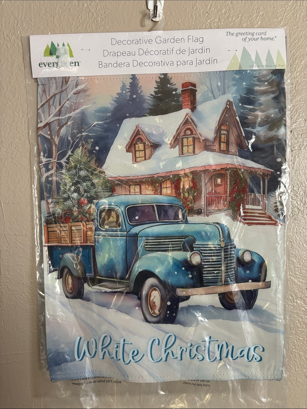 Blue Truck Home White Christmas Suede Garden Flag by Evergreen